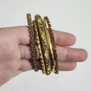 Lot of 5 Gold Tone Thin Metal Bracelet Bangles Clear Acrylic Rhinestone